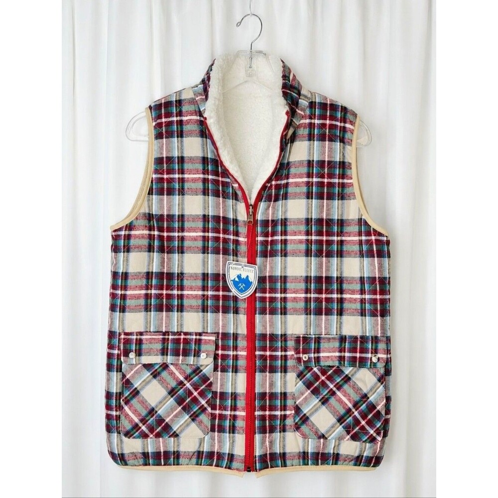 Nordic Fleece Lillesand Reversible Red Plaid Quilted Ultra Soft Sherpa Zip Vest